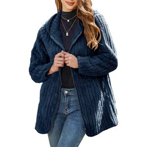 Womens Fleece Jacket Hooded Winter Warm Full Zip Long Sleeve Sherpa Jacket Coat Outerwear with Hood  (Blue), M