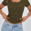 PRETTYGARDEN Womens 2026 Summer Short Sleeve Tops Ribbed Henley Button Slim Fit Basic Casual T Shirts Blouse Fashion Clothing (Large, Army Green)