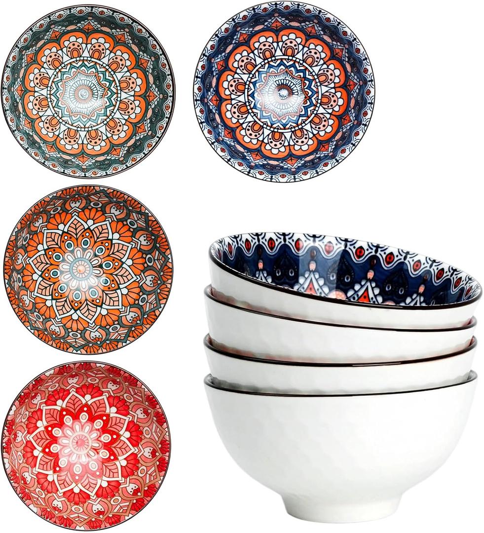 Bohemian Ceramic Bowls Set, 4.5 Inch Porcelain Cereal Bowls, Vintage Boho Style for Rice, Soup, Cereal,Salad,Decorative Set for Kitchen & Dining (Set of 4)