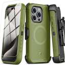 M MYBAT PRO Maverick Series iPhone 15 Pro Max Case with Belt Clip Holster,[Compatible with Magsafe]w/Screen Protector ,Anti-Drop,Shockproof,with 360Rotating Kickstand,Heavy Duty Protection Army Green