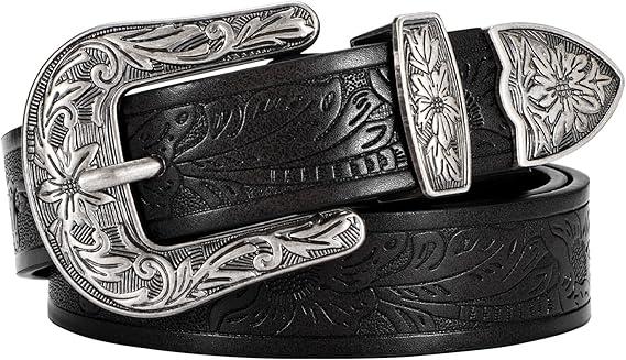 SANSTHS Western Belt For Women, Womens Cowboy Belt For Pants Jeans With Vintage Floral Carved Design, Black(floral) XS: Fit Waist Size 26"-33"
