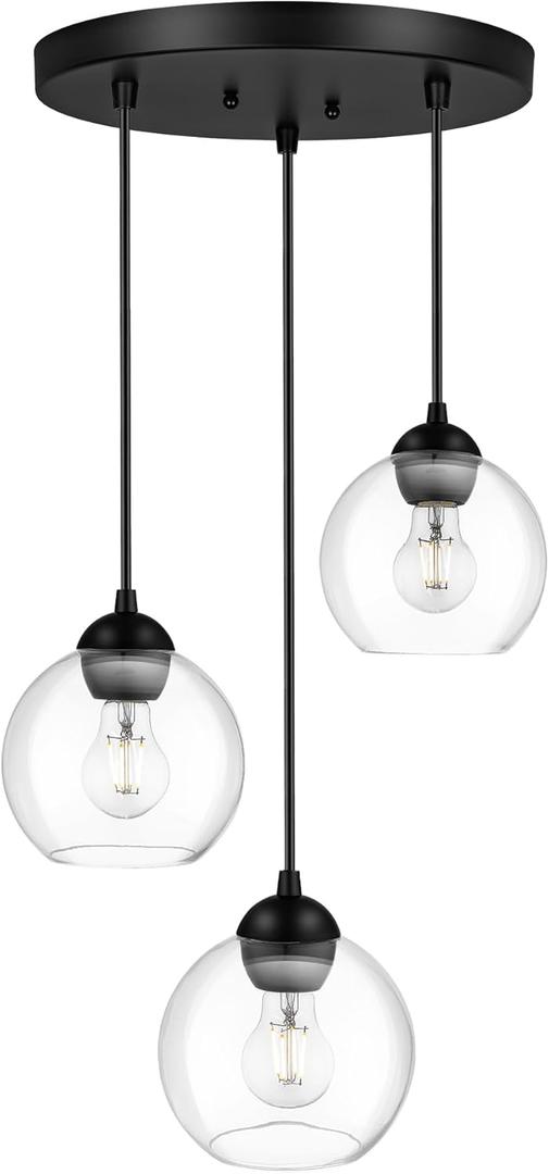 Emak Modern Black Pendant Lights Kitchen Island, 7 Inch Globe Pendant Light with Clear Glass Shade, 3-Light Cluster Island Lights for Kitchen, Bedroom, Bathroom, Dining Room, PL119-BK-CL