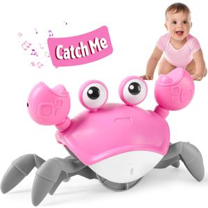 Crawling Crab Baby Girl Toy: Tummy Time Toys for Infant 3 6 9 12 18 24 36 Months, Pink Walking Dancing Sensing Crab for Toddler Age 1 2 3, 1st Music Birthday Gift for Girl, Christmas Stocking Stuffers