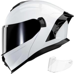 Motorcycle Helmet,Motorcycle Dual Visor Flip up Modular Full Face Helmet JR-815,DOT Approved Motorbike Helmet with 2 Visors for Adults Men Women(S,Glass White-B)
