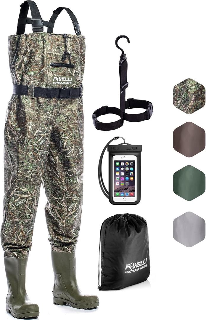 Foxelli Chest Waders Waterproof 2-ply Nylon/PVC Camo Hunting Fishing Waders for Men and Women with Boots 14
