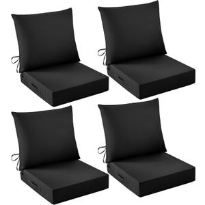 Outdoor Chair Cushions, 24 x 24 Inch Outdoor Cushion for Patio Furniture, Patio Chair Cushion, Waterproof & Fade Resistant Deep Patio Furniture Cushions Set with Handle and Ties, Black (Set of 4)