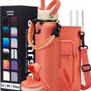 40 oz Stainless Steel Water Bottles with Straw and Auto Spout Lids, Wide Mouth Metal Thermo Bottles for Gym, Leak Proof & BPA-Free Water Flask Jug with Paracord Handle & Carrier Bag with Strap (Coral Orange)