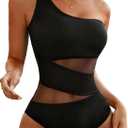 Tempt Me Women Black One Shoulder One Piece Swimsuits Full Coverage Cutout Mesh Sexy Bathing Suits Tummy Control Swimwear S