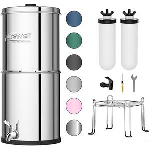 Purewell 3Stage Gravity Fed Water Filter System, 2.25 Gallon Stainless Steel Countertop System with 2 Washable Ceramic Filters and Stand, Reduce up to 99% Chlorine, PWOBT