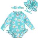 Renotemy Baby Girls Swimsuit Drawstring Zip Bathing Suit Long Sleeve One-Piece Rash Guard Swimwear with Hat for Infant Girl (3-6 Months, Mint Blue)