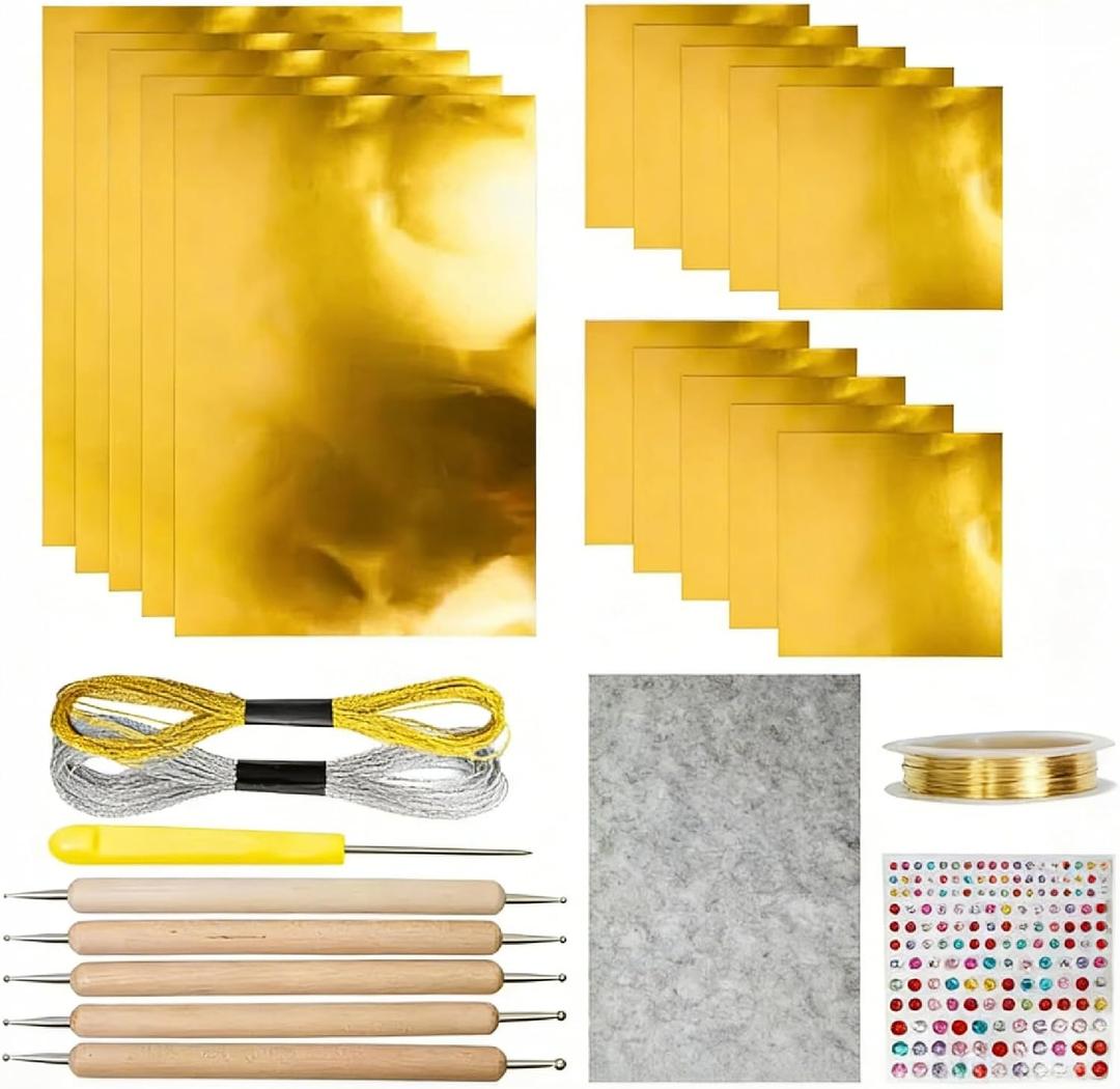 15pcs Gold Craft Foil Sheets, Gold Foil Sheets for Embossing, Decorative Metal Sheet Embossing Tools for Painting Gilding Crafting Decoration,with 2 Rolls Wire, (Gold Set)
