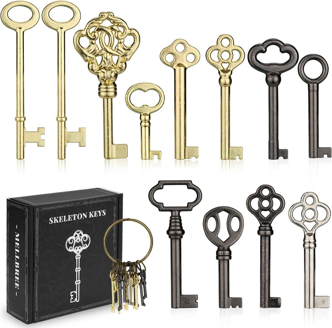 Skeleton Key, 12-Key Universal Hollow Barrel Skeleton Keys Kit for Antique Dresser, Chinese Cabinet, Antique Furniture and Old Style Cabinets or Doors, Select Antique Furniture Limited Compatibility (1.5-3.1inchs, Gold/Black)