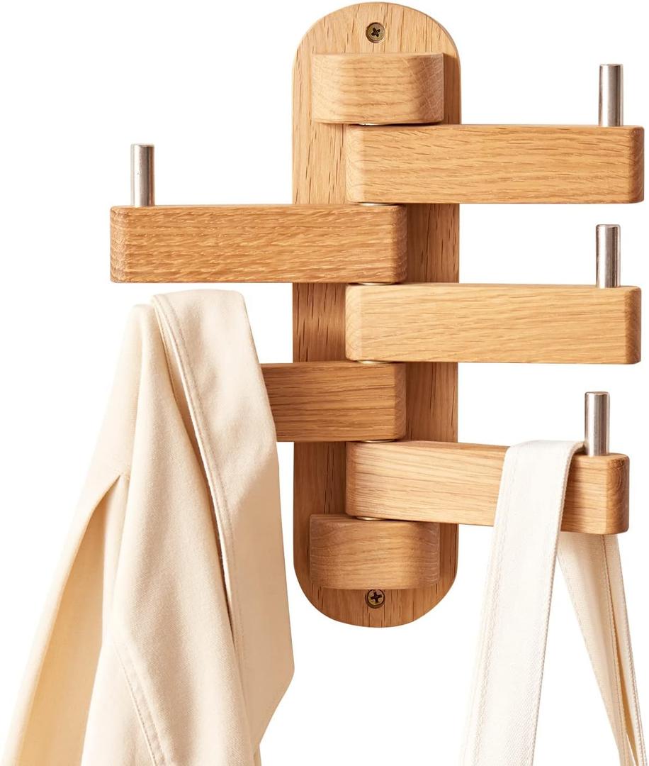 Coat Hooks for Wall, Oak Wood Wall Hooks with 5 Swivel Foldable Arms, 12'' Length Coat Rack Hat Hooks for Bathroom Entryway Bedroom Office Kitchen, Heavy Duty (Natural)