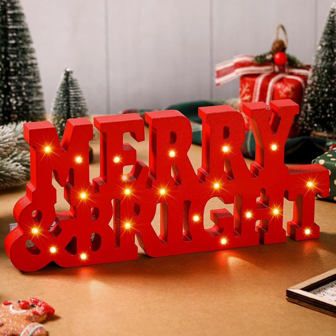 Ganeen Christmas Merry Bright Table Decorations Light up Wood Table Centerpieces Merry Bright Letter Sign for Xmas Trees Fireplace Home Shelf Decorations