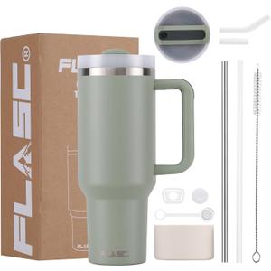 FLASC 40 oz Tumbler With Handle and Straw | 100% Leakproof Insulated Tumbler With Lid and Straw | Includes ALL Accessories: Stainless Steel Straw, Silicon Boot, Straw Cover & Cleaner (Bayleaf)