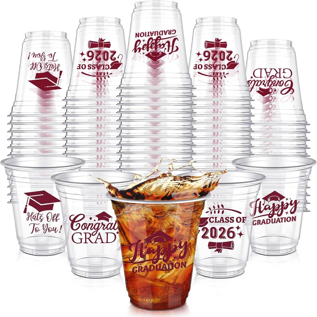 Eaasty 200 Pcs 12oz Graduation Cups 2026 Disposable Plastic Cups for Class of 2026 Graduation Party Congrats Grad Elegant Party Supplies Tableware Decorations (Wine Red)