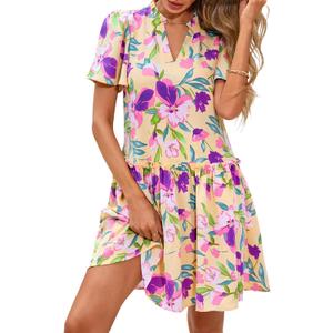 BTFBM Women Spring Dresses 2026 Short Sleeve V Neck Tiered Ruffle Boho Swing Dress A-Line Floral Mini Dresses (XL)