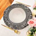 Antique Silver Charger Plates Embossed Rim, 13 Inch Dinner Plate Chargers Round Server Ware. Set of 6 Plastic Charger for Dinner, Wedding, Elegant Tableware Decor