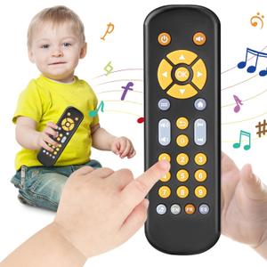 Baby TV Remote Control Toy 6 Month+, Toddler Realistic Remote Toy with Sound and Light, Early Educational Music Toys with 3 Languages English French Spanish for Infant Boys Girls 6 12 18 months