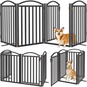 Malier Metal Freestanding Dog Gates with Door, 32'' Height Outdoor Indoor Dog Fences, Extra Wide Foldable Puppy Gate for Stairs (Black, 4 Panels with Door 80''W 32''H)