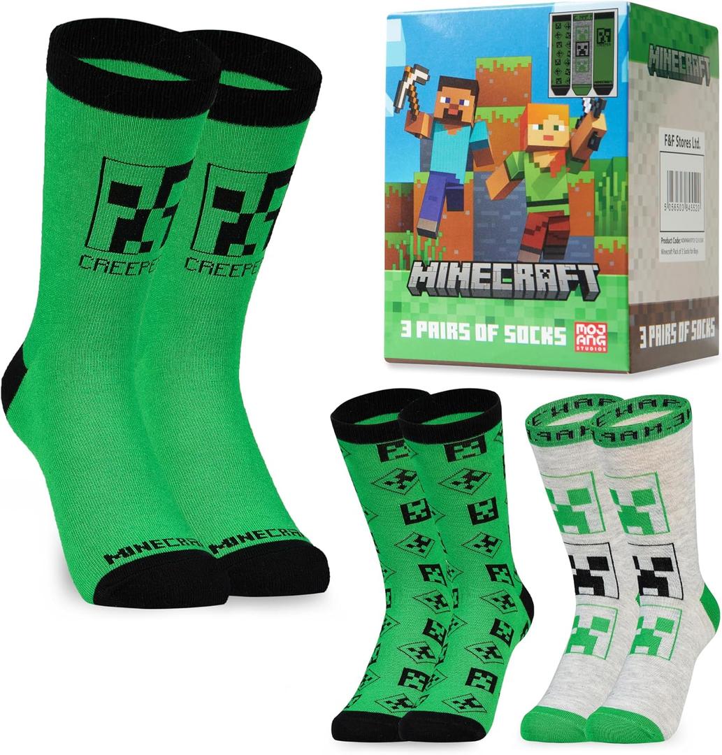 Minecraft Boys Crew Socks - Soft, Breathable Youth Socks Pack of 3 or 5 - Gamer Gifts (10-13 Years, Green)