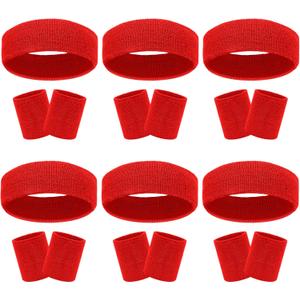 18 Pcs Sweatbands Headband Wristband Set Colorful Striped Terry Cloth Sports Athletic Gym 80s Sweat Headbands (6Pack-Red)