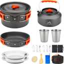 THTYBROS 17pcs Camping Cookware Kit, 0.45Gal Pot, 7inches Pan,0.30Gal Kettle Set with 2 Set Stainless Steel Cups Plates Forks Knives Spoons for Hiking, Grey