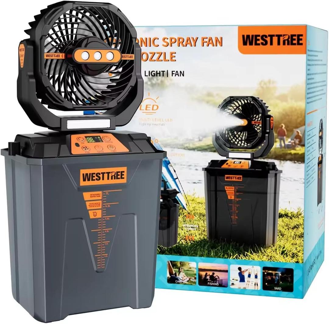 WESTTREE Portable Misting Fan, Large Rechargeable Battery Powered Mist Fan, Long Lasting Runtime, 3 Nozzles Mister Design, Portable Fan for Home Patio Camping Outdoor mist Daily Cooling fan