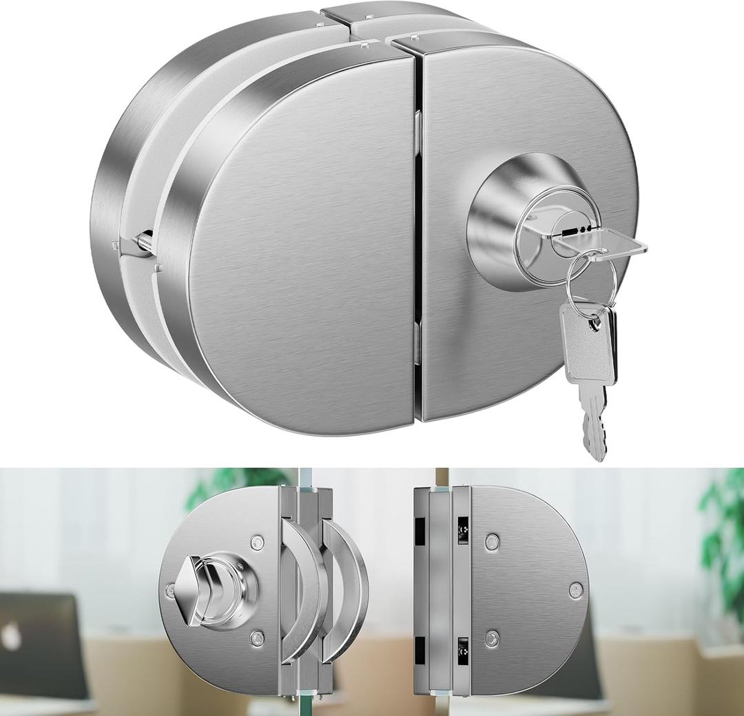 Ranbo Frameless Double-Sided Glass Door Lock, No-Drill, 304 Stainless Steel, Suitable for 3/8''-1/2''(10mm-12mm) Sliding Glass Doors,Office Doors,Commercial Doors,Includes 3 Keys,Brushed Finish.