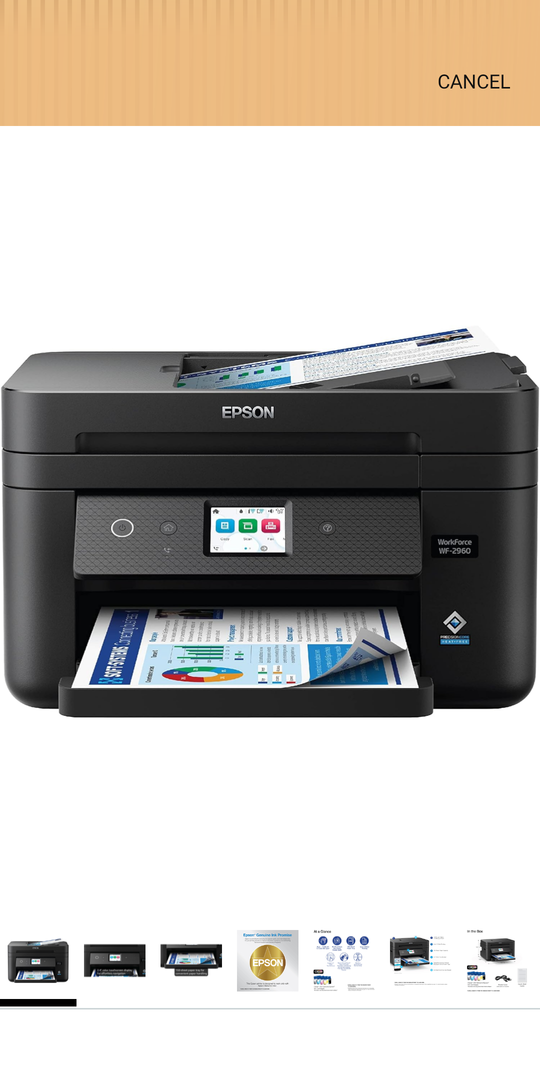Epson Workforce WF-2960 Wireless All-in-One Printer with Scan, Copy, Fax, Auto Document Feeder, Automatic 2-Sided Printing, 2.4" Touchscreen Display, 150-Sheet Paper Tray and Ethernet,Black