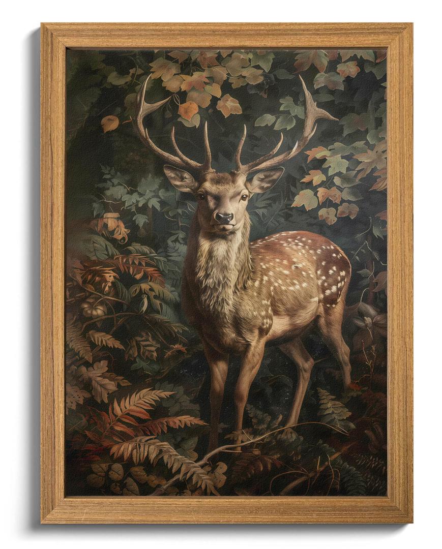 Vintage Deer Wall Art, Woodland Nature Wall Decor, Wood Framed Sandstone Textured Art, Majestic Antlered Stag in Forest Picture for Living Room Bedroom Cottagecore Farmhouse Home 24x36 inch