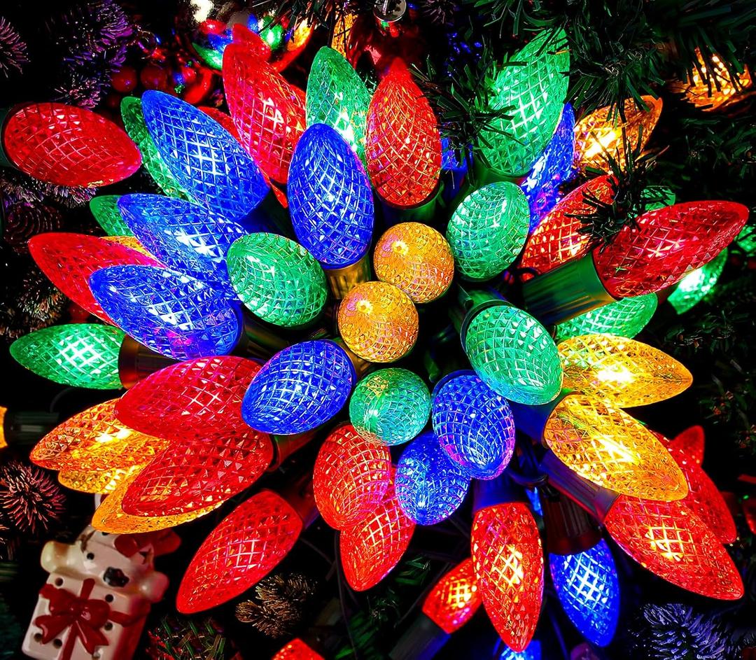 C9 Christmas Lights Outdoor Multicolor, 100FT 50 LED String Lights Waterproof, Extendable C9 Xmas Lights Green Wire, Indoor Outdoor Christmas String Light for House Roof Patio Tree Wedding Party Decor