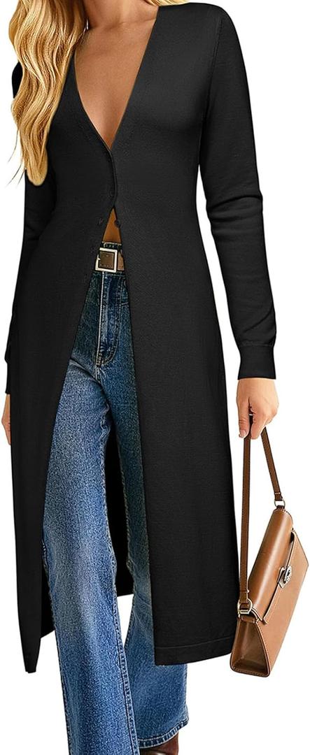 GRACE KARIN Womens Long Cardigan Trendy, Lightweight Knit Dusters Coat, V Neck Button Up Sweater Maxi Dress (Small, Black)