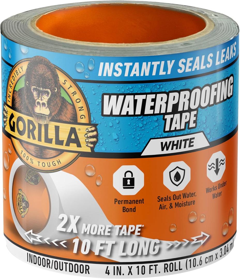 Gorilla Waterproof Patch & Seal Tape, White Tape, 4" x 10' (Pack of 1) - Permanent Weather Resistant Seal for Leaks and Repairs