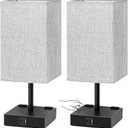 Bedside Table Lamps Set of 2 - Touch Nightstand Lamp for Bedroom with USB C+A Charging Ports & AC Outlets, 3-Way Dimmable Desk Lamp Grey Fabric Shade for Bedroom Living Room, Office(Bulb Included)