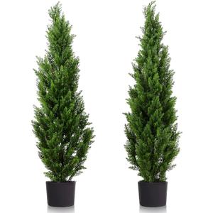 Two 5 Foot Outdoor Artificial Cedar Topiary Trees Uv Rated Potted Plants (5ft)