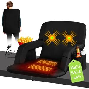 Stadium Seats for Bleachers-3 Heat Settings Backrest&Seat Cushion with Support, Portable Folding Stadium Chair with 6 Reclining, Storage Cup Holder for Football Games/Camping/Concerts (Heated, Black), 21 in x 4.14 in x 33.5 in