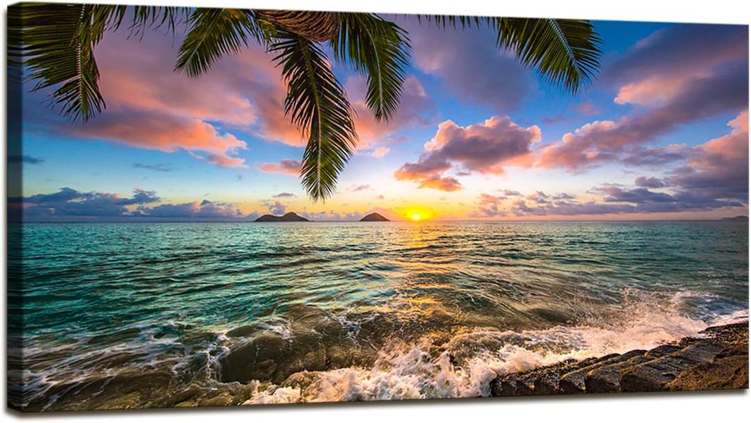 DBLAKI DB2462 Canvas Wall Art Beach Sunset Ocean Waves Nature Pictures Canvas Print Frame Picture for Living Room Bedroom Kitchen Home and Office Wall Decor