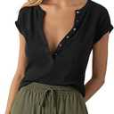 Tankaneo Women Deep V Neck Low Cut Tops Casual Ribbed Knit Henley T-Shirts Summer Short Sleeve Tees M