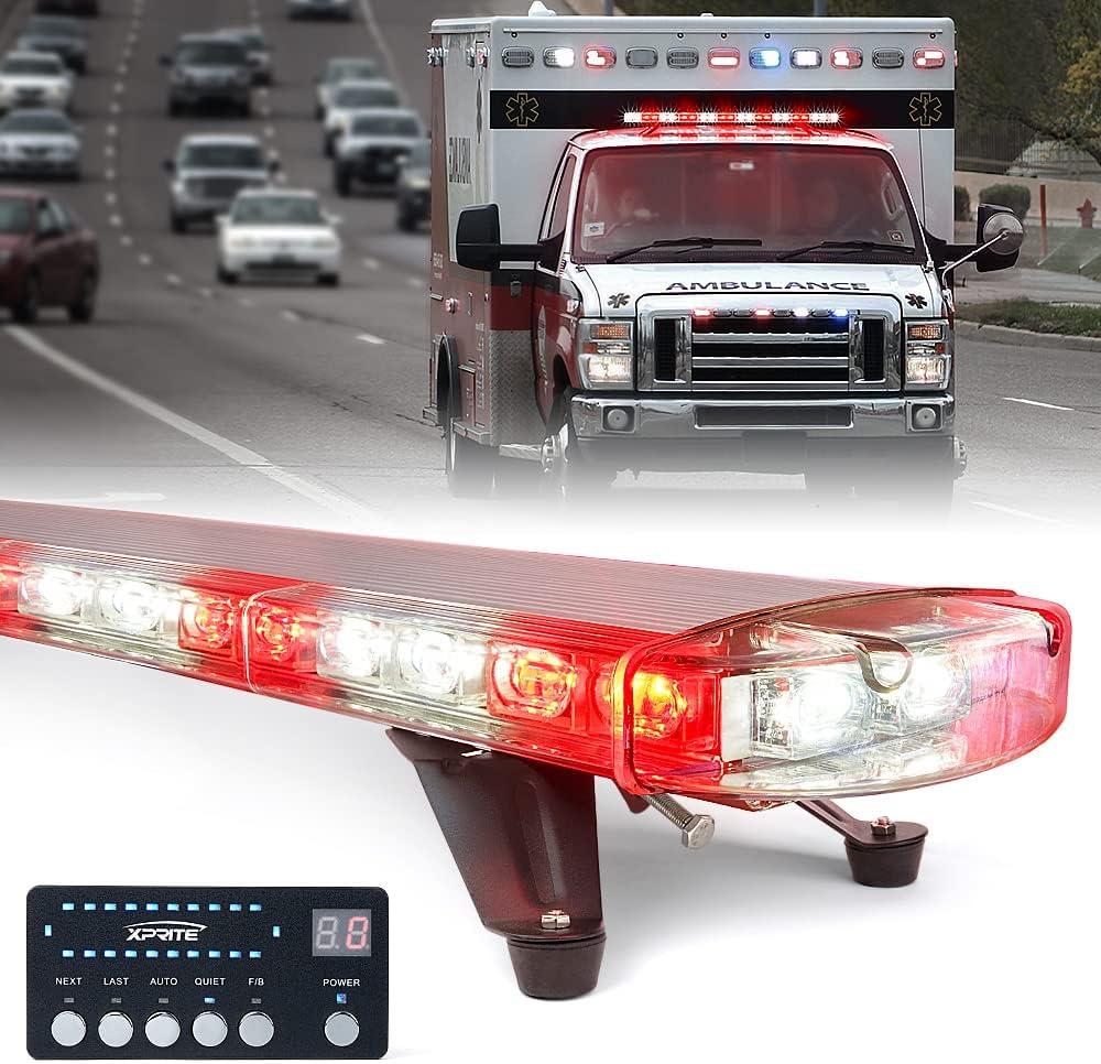 Xprite 48 Inch LED Rooftop Emergency Strobe Lights Bar w/Adjustable Mounting Brackets, Warning Flashing Lightbar for Security POV Rescue Tow Trucks Firefighter Ambulance First Responder - White Red