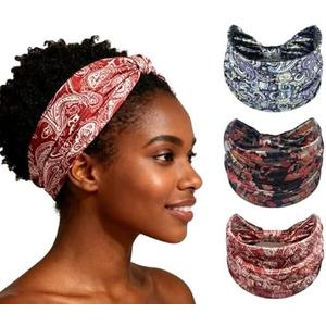 XEF Headbands for Women Bohemian Wide Floral Thick Hair Band No Slip Gym Elastic Twist Knot Athletic Headband Sweatbands Fashion Hair Accessories for Teen Girls 3 Pcs