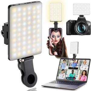 60 LED Portable Selfie Light Video Conference Lighting with Clip & Camera Tripod Adapter Rechargeable 2000mAh CRI 97+, 3 Light Modes for Phone iPhone Webcam Laptop Photo Makeup (Black)