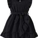 Hilinker Toddler Girls Cute Sleeveless Ruffle Dress Wrap Swing Party Summer Dresses with Belt Black 5-6Y