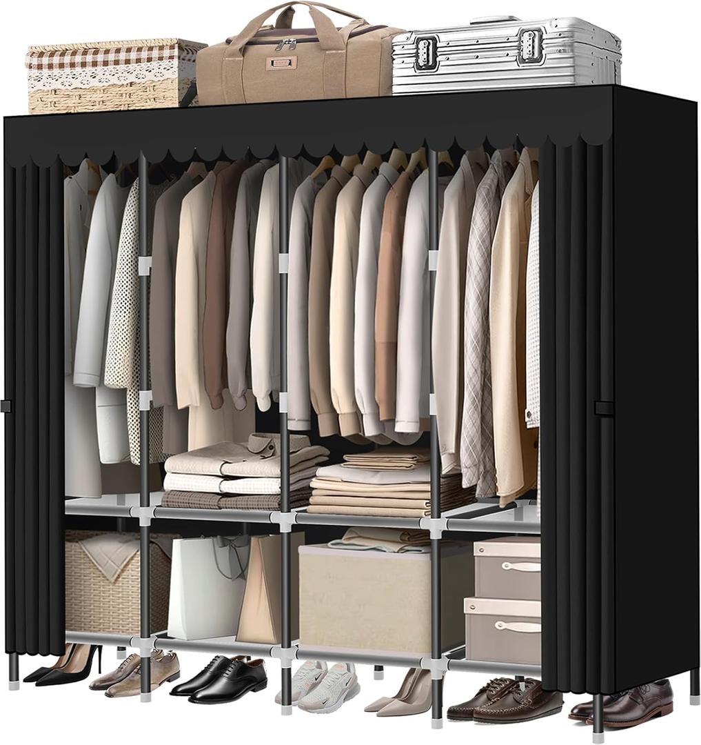 LOKEME Wardrobe ClosetBlack Portable Closet with Zippers65.4Inches 19mm DiameterPortable Closets for Hanging Clotheswith 4 booms and Storage cabinetsSpacious Large -Capacity Storage Space (Black)