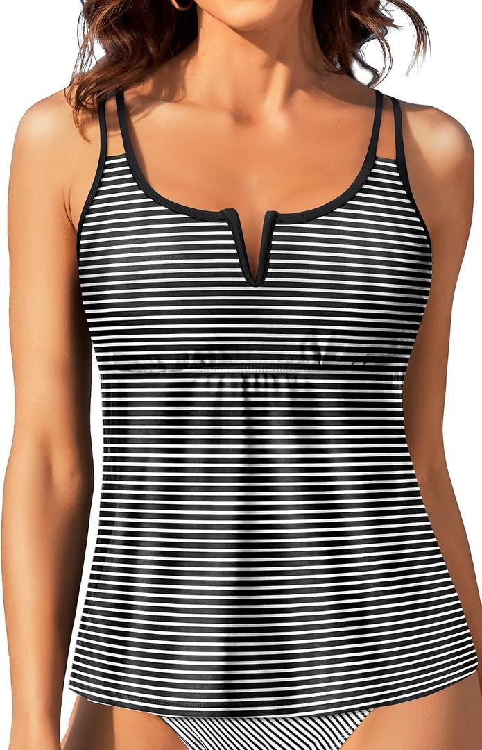Womens Tankini Tops Only - Modest Swimsuit V-Wired Swim Top Swimwear Tummy Control Bathing Suit No Bottom 2025 Black Striped (Black, M)
