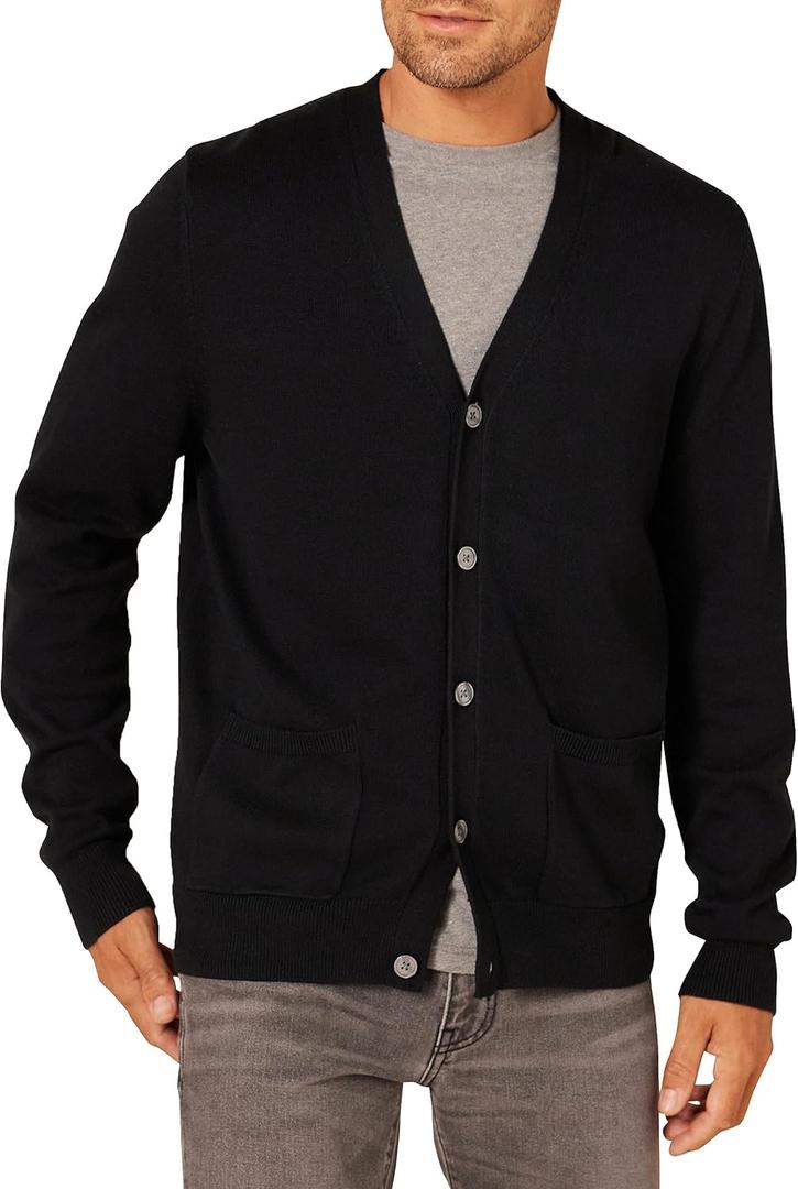 Amazon Essentials Men's Cotton Cardigan Sweater (Black, Small)