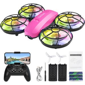 Kids Drone with Camera & Optical Flow Positioning - Mini RC Quadcopter with Full Protection Guard, 2 Modular Batteries, Colorful LED Lights - Easy to Fly Gift for Boys & Beginners (Upgraded Version).