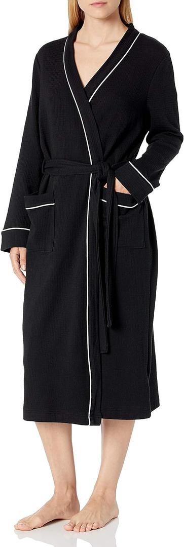 Amazon Essentials Women's Lightweight Waffle Full-Length Robe (Large, Black)