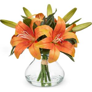 Fall Artificial Flowers Tiger Lily Real Touch with Vase Orange Easter Lily Silk Faux Flowers Arrangements in Glass Vase with Faux Water Fake Floral Bulk Lily Bouquet for Table Centerpiece Home Decor