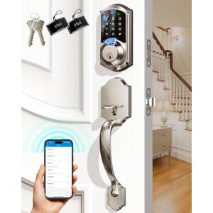 Veise VE07-H Fingerprint Smart Locks for Front Door with Handle Set, App Control, Keyless Entry Keypad Deadbolt, Digital Electronic Touchscreen, Easy Install, Auto Lock, Satin Nickel